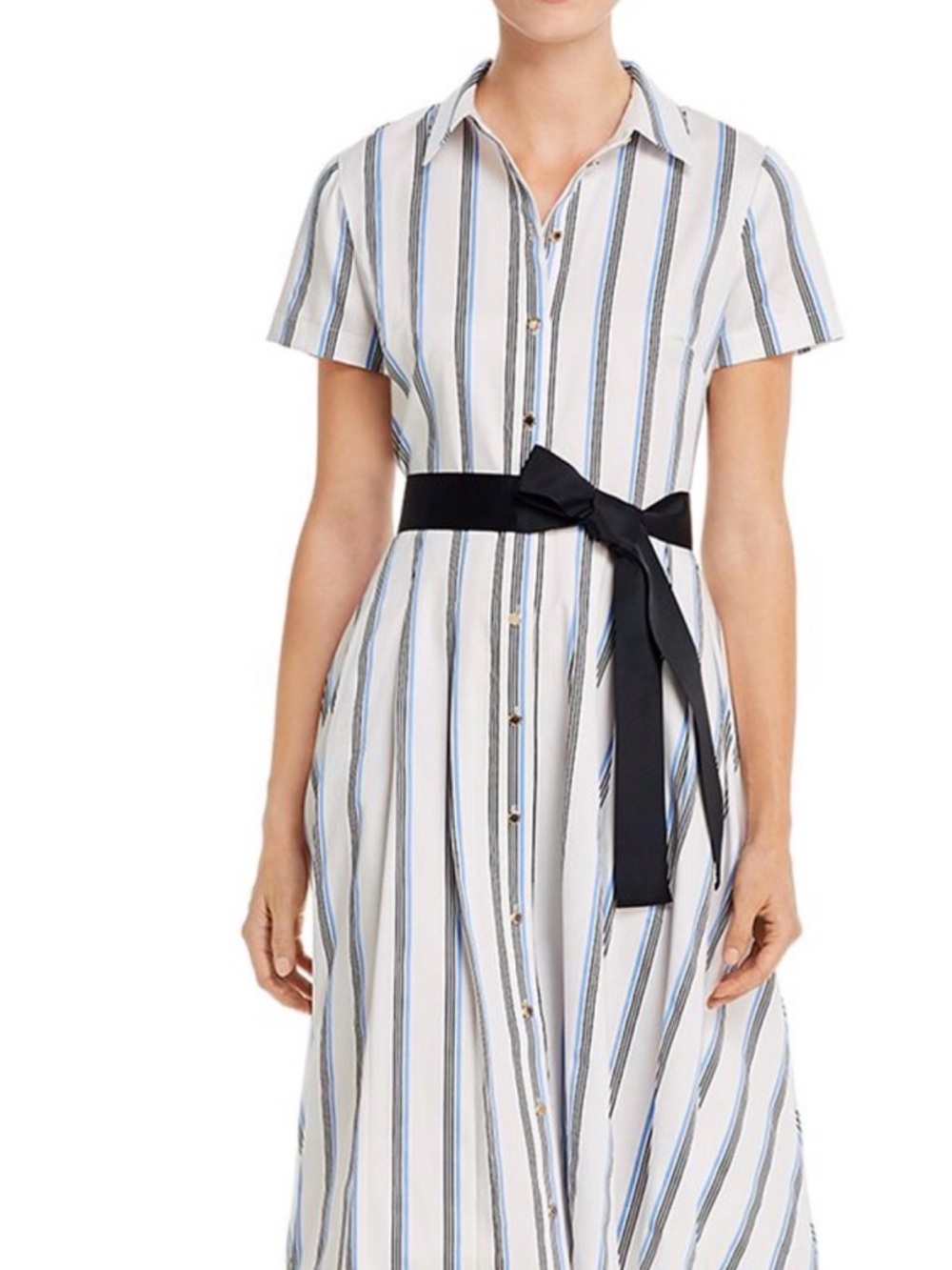 Karl Lagerfeld Striped Button-Front Shirt Dress with Black Tie Belt - White/Blue